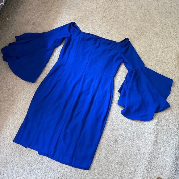 VENUS Womens Blue Dress Midi Off Shoulder Ruffle Sleeve Square Neckline Cocktail - Picture 6 of 16